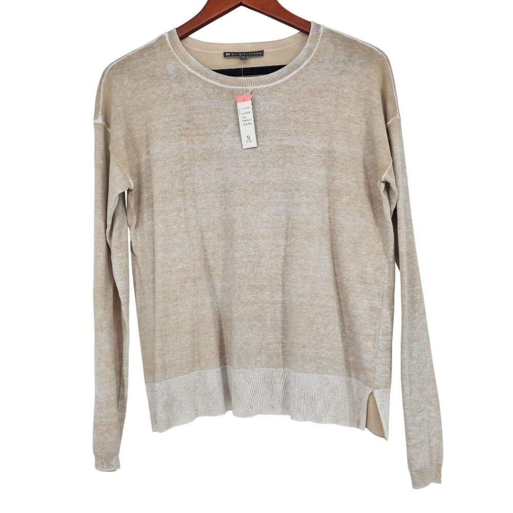Elliott‎ Lauren Soft Crewneck Sweater S Beige Cotton Contrast Neutral Minimalist